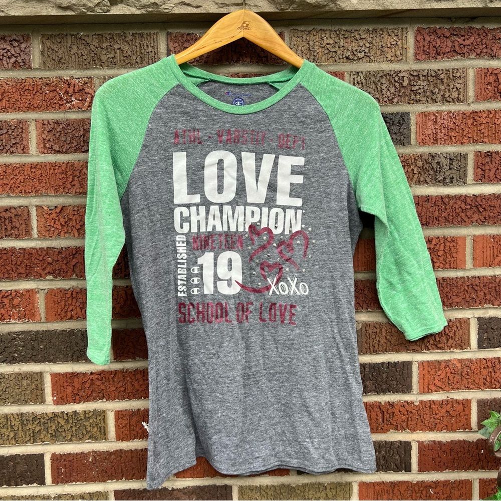 Champion Gray and Green Love Athletics Baseball Tee